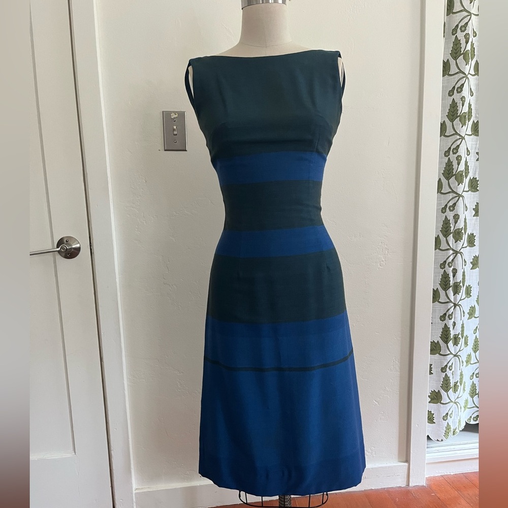 Vintage 1950’s Boatneck Striped Fit-and-Flare cocktail Dress teal and blue